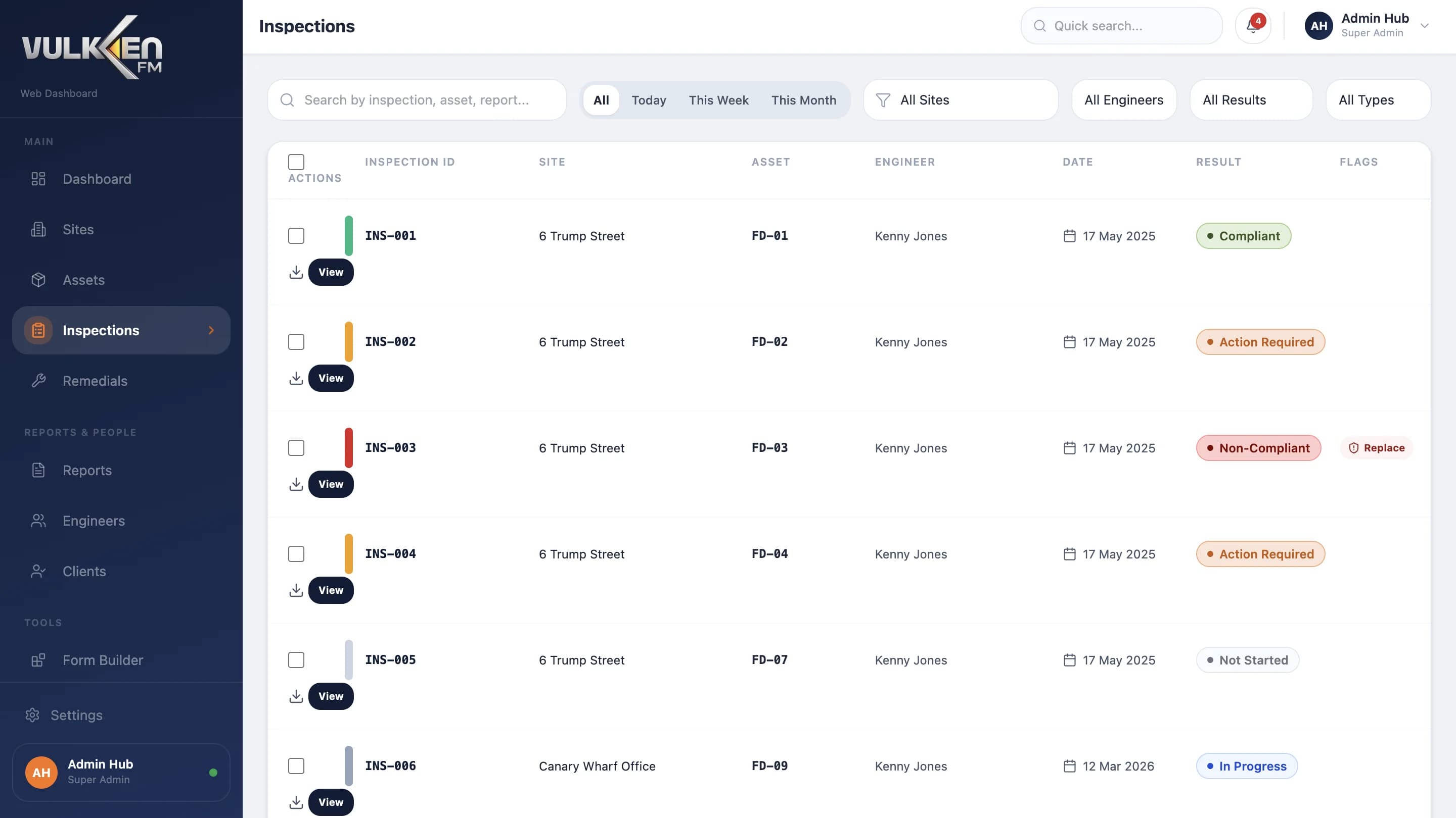 Vulken FM — список активов в веб-интерфейсе